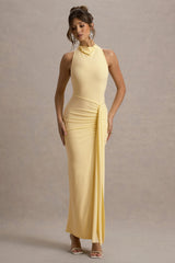 Sunflower | Pale Lemon Ruched High-Neck Split Maxi Dress
