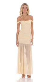 Mesh Off Shoulder Ruched Maxi Dress in Beige