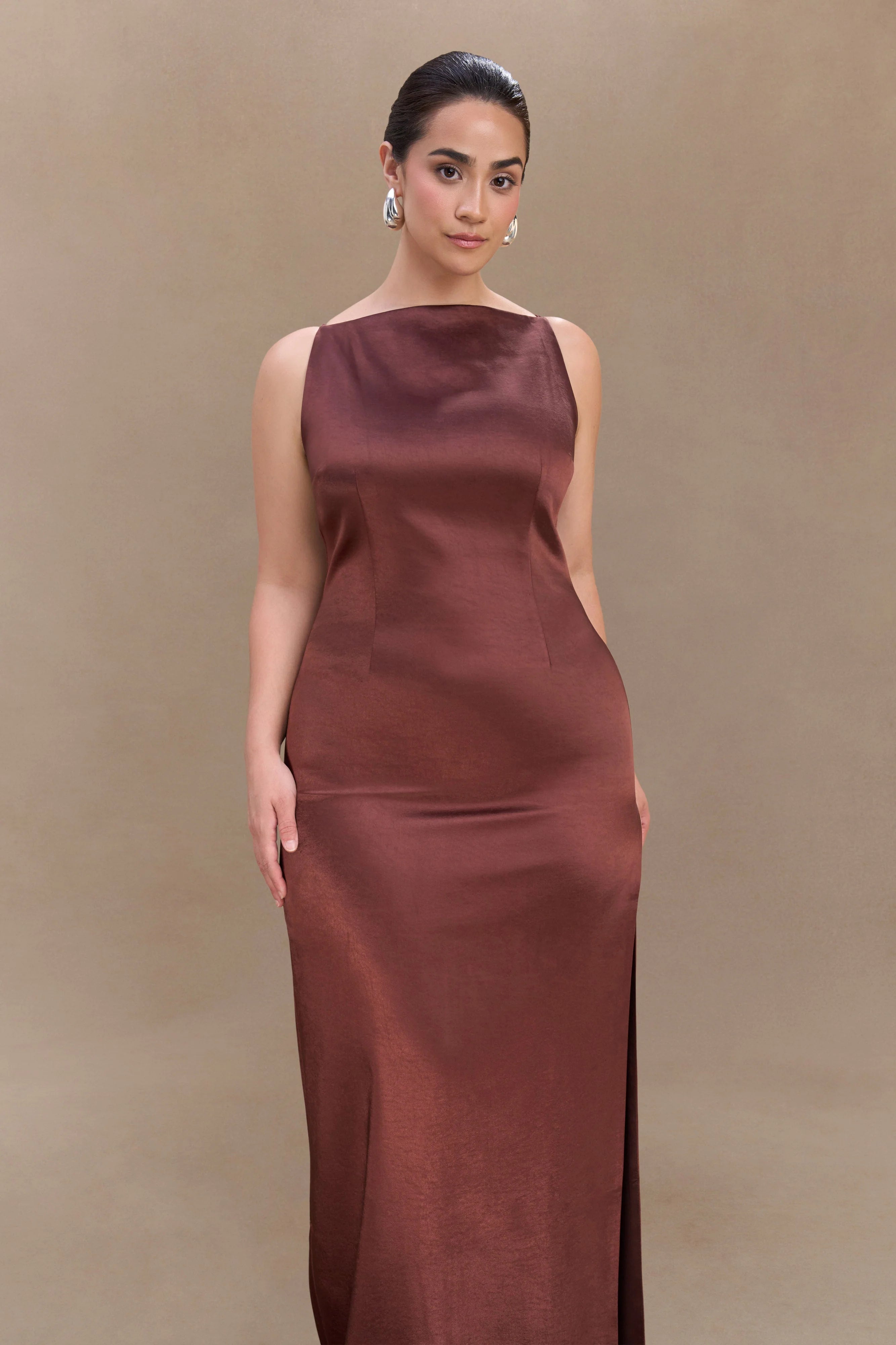 Violet Sleeveless Satin Maxi Dress - Dark Chocolate