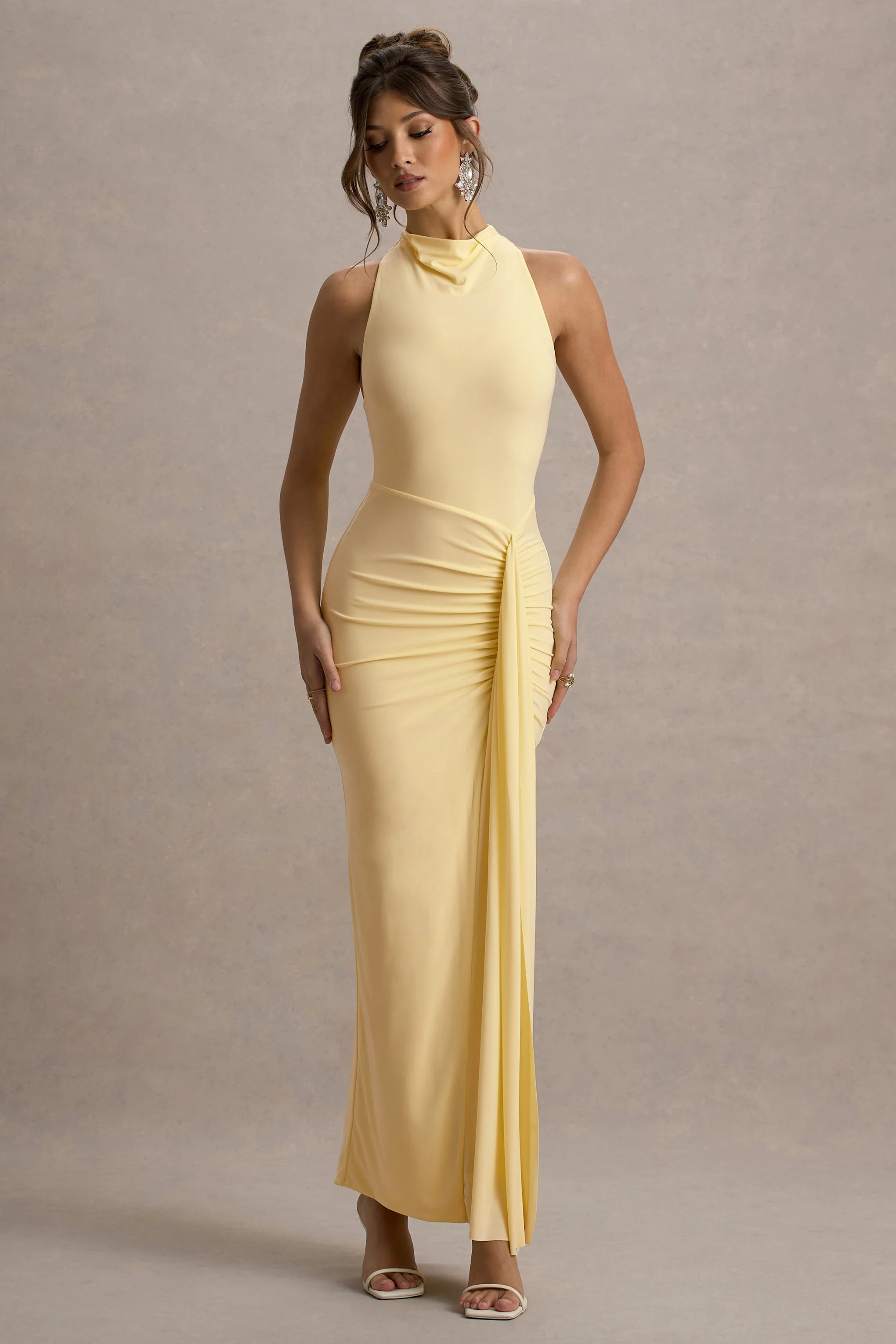 Sunflower | Pale Lemon Ruched High-Neck Split Maxi Dress