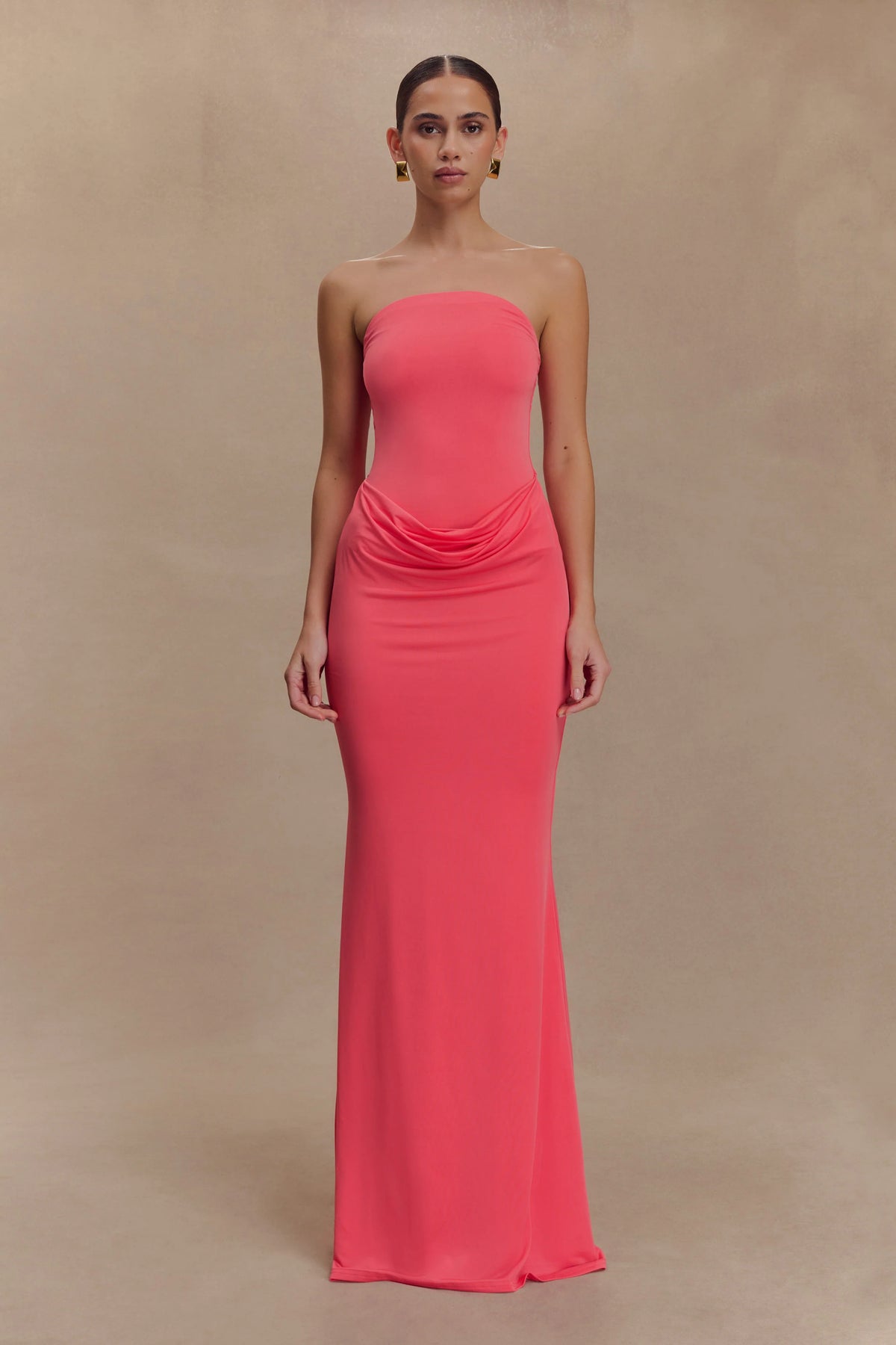 Madison Strapless Slinky Maxi Dress - Coral