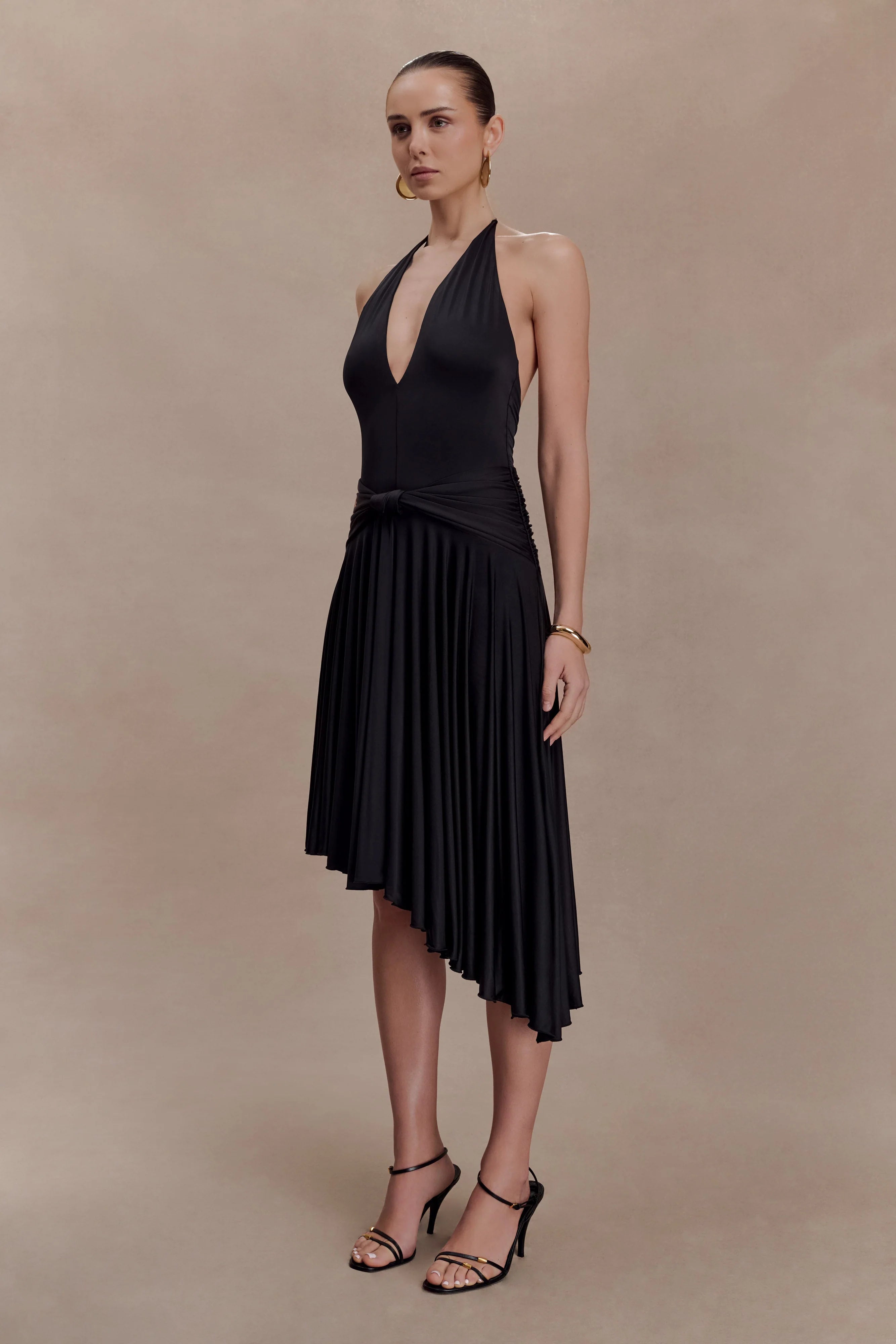 Zelda Asymmetric Slinky Midi Dress - Black