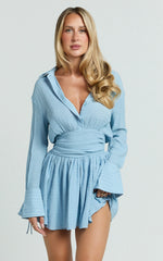 Collared Long Sleeve Waist Shirt Dress in Pale Blue