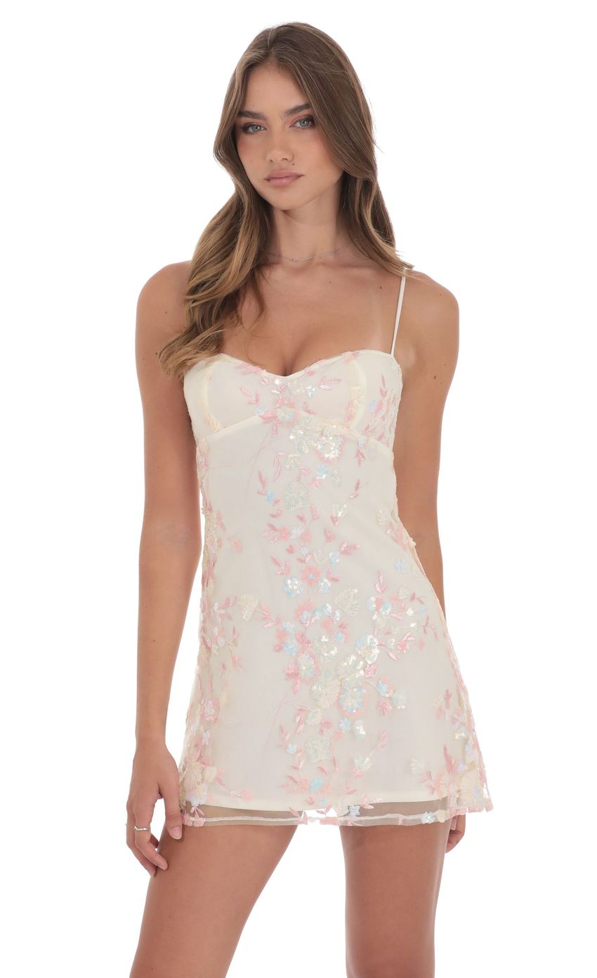 Embroidered Floral Babydoll Dress in Cream