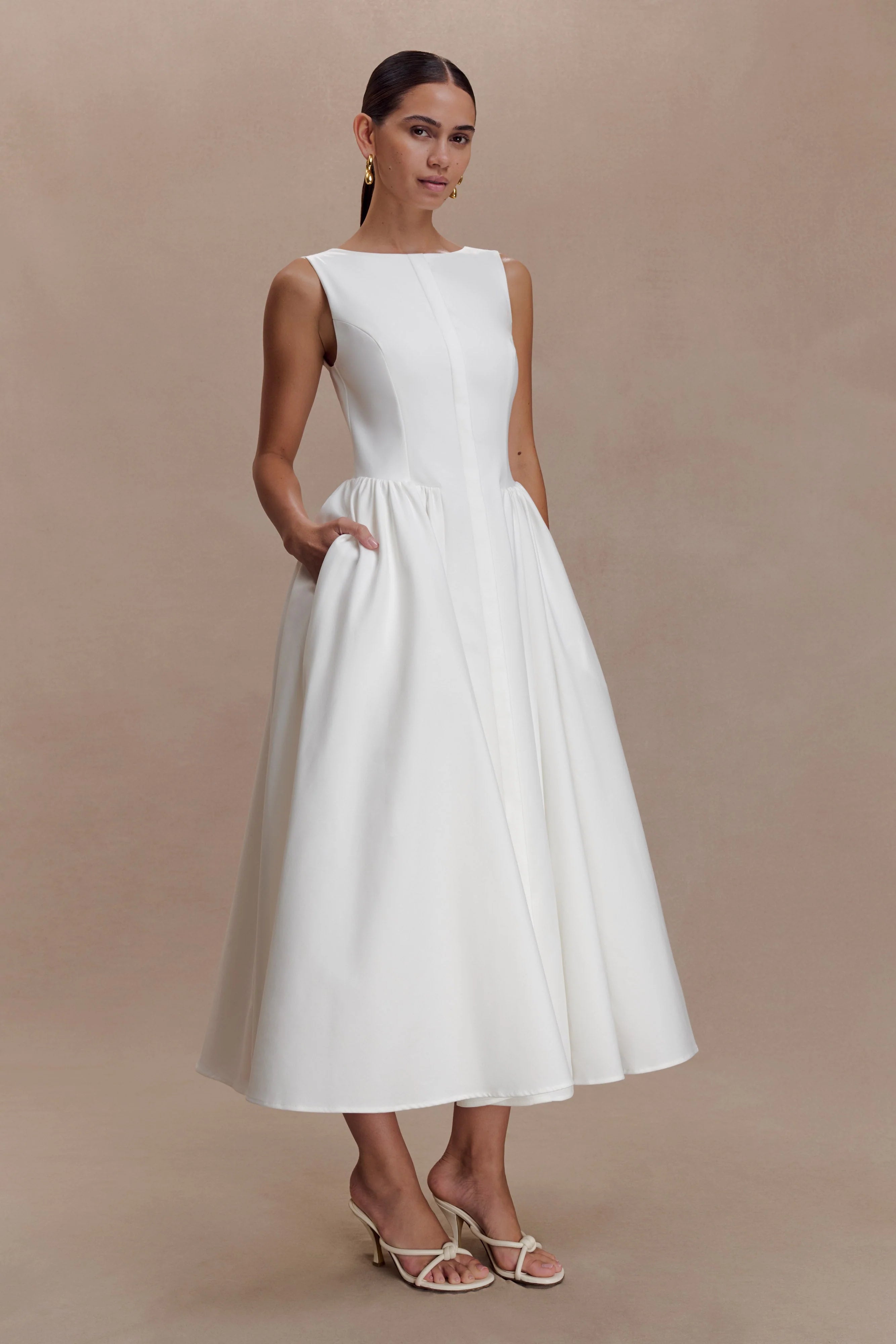 Monika Gathered Waist Cotton Midi Dress - White
