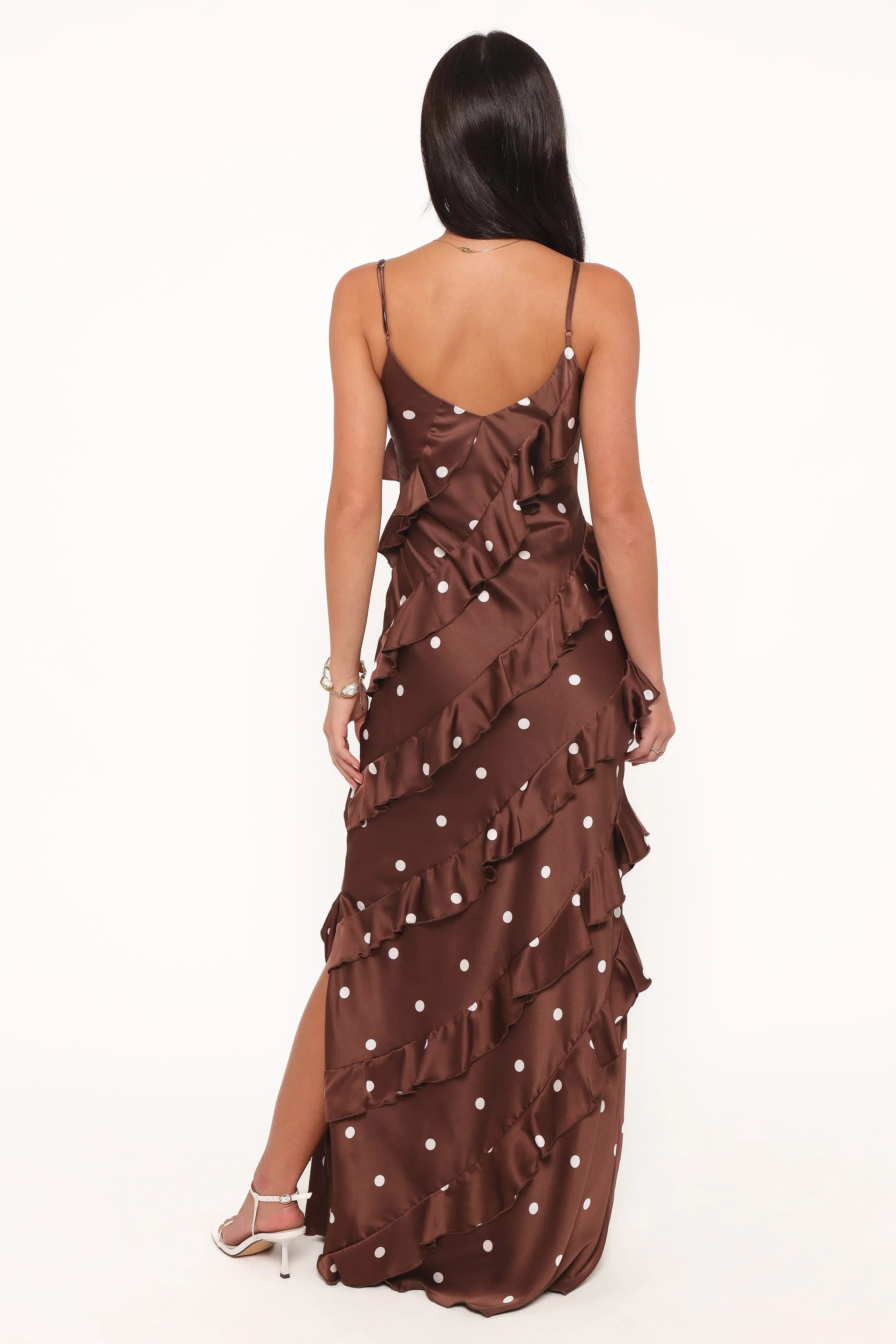 Ciao Ruffles Maxi Satin Dress - Brown Polka Dot