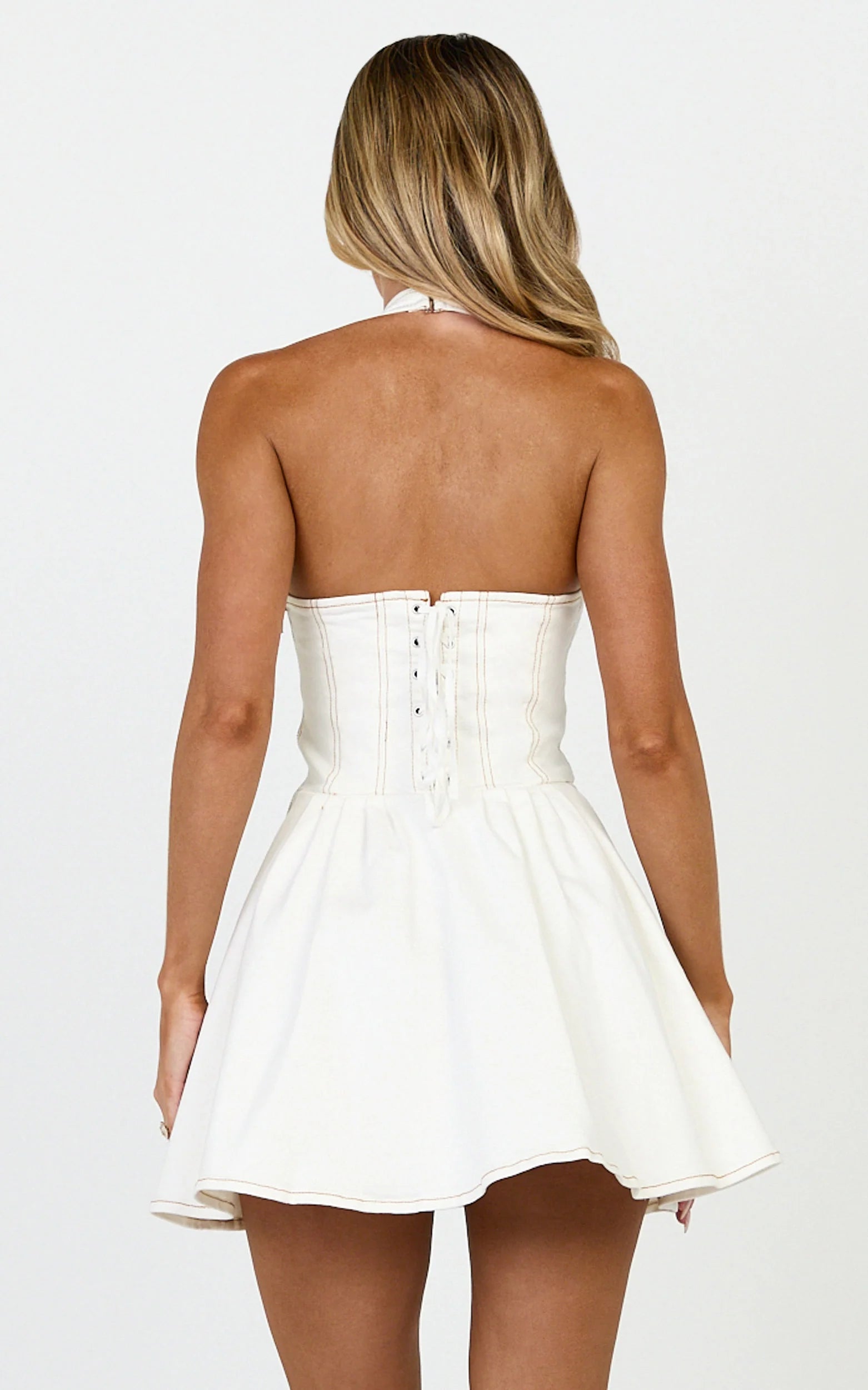 Halter Neck Corset Bodice Dress in Cream Contrast Stitch
